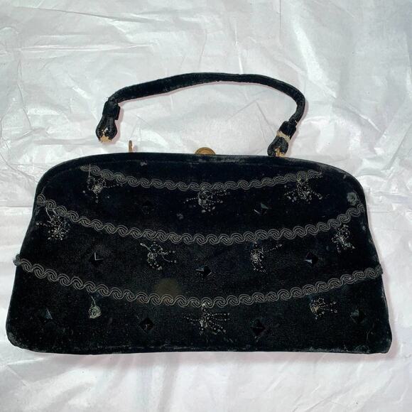 LARGE VINTAGE FIFTIES/SIXTIES SOURE BLACK VELVET BEADED FRAME BAG ART DECO CLASP - Picture 1 of 7